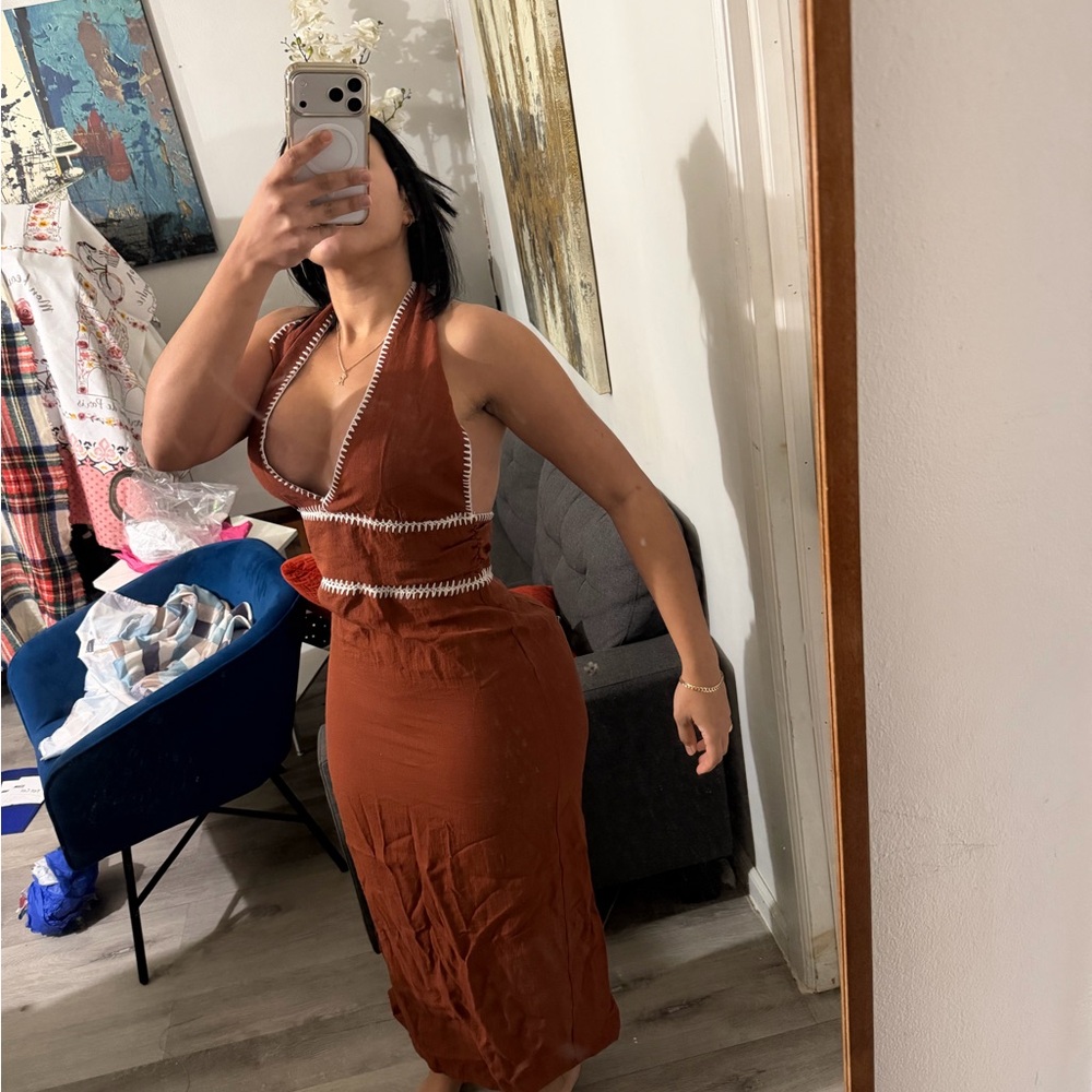 Zara Rust Brown Halter Maxi Dress with White Trim